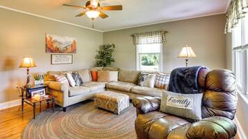 TV, fireplace, books
