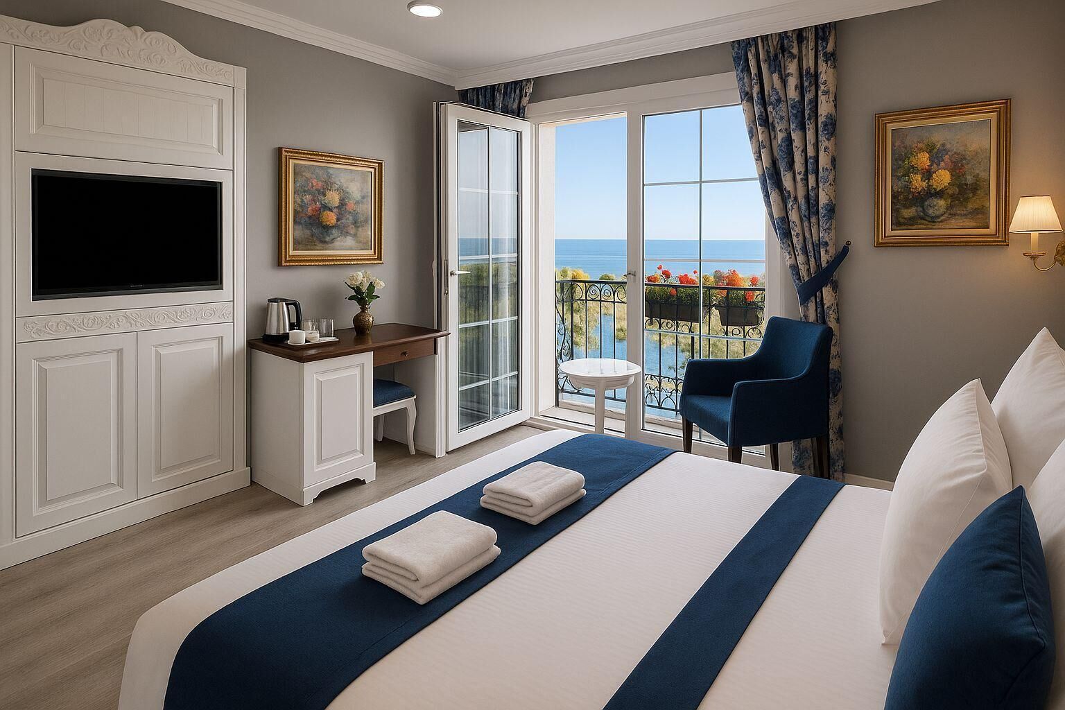 Double Room, Balcony, Sea View | Desk, laptop workspace, soundproofing, iron/ironing board