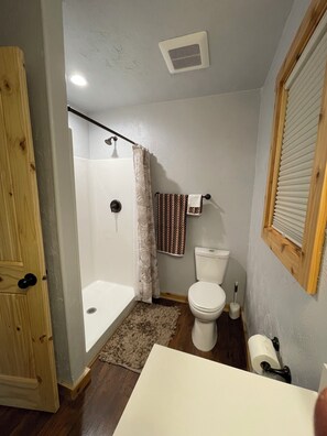 Shower, towels, soap, toilet paper