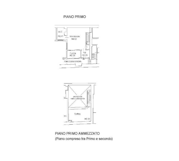 A floor plan of a piano primo apartment with a kitchenette, ensuite bathroom, and a ensuite toilet.