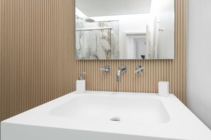 Shower, hair dryer, bidet, towels