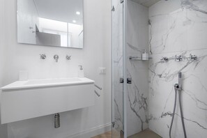 Shower, hair dryer, bidet, towels