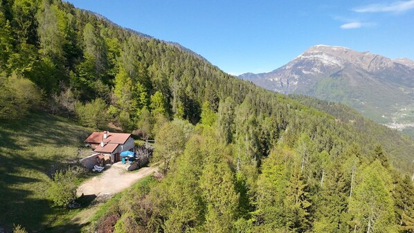 Eine Berglodge mit einem Feldweg, der darauf führt, umgeben von dichtem Wald und Bergen im Hintergrund.
