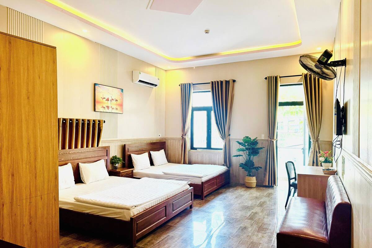 A hotel room with two beds, a desk, a chair, a potted plant, and a window with curtains.