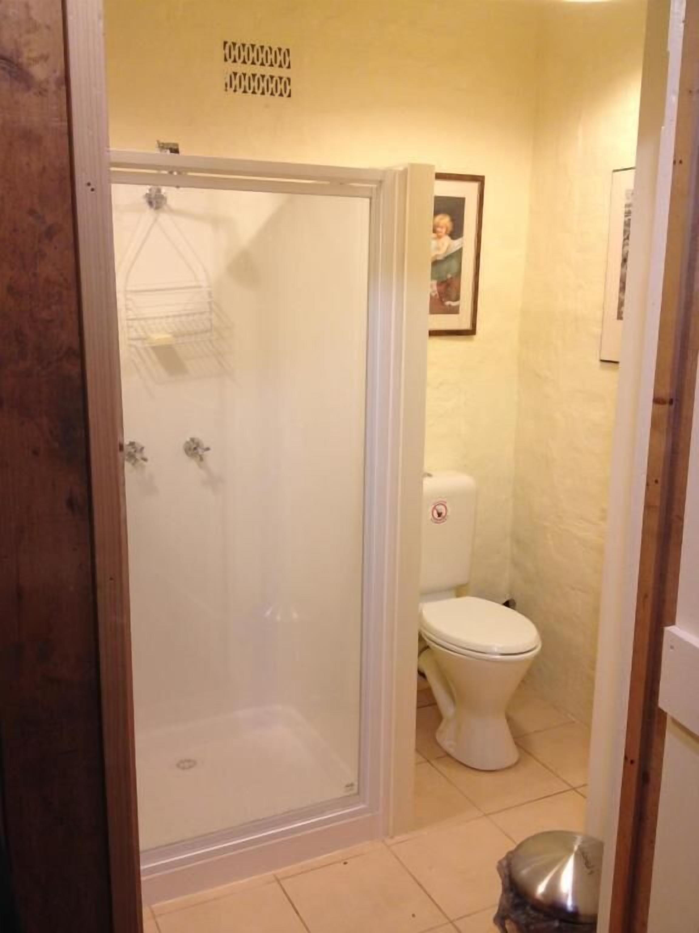 A bathroom with a glass shower enclosure, a toilet, and a trash bin.