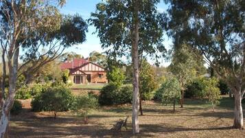 A house surrounded by trees and a grassy area.