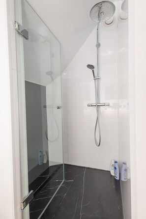 Dusche, Haartrockner, Handtücher, Seife