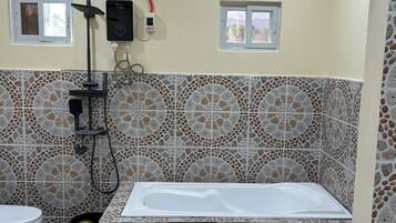 A bathroom with a bathtub, a toilet, and a shower with a handheld showerhead. There are two windows with white frames and a view of trees.