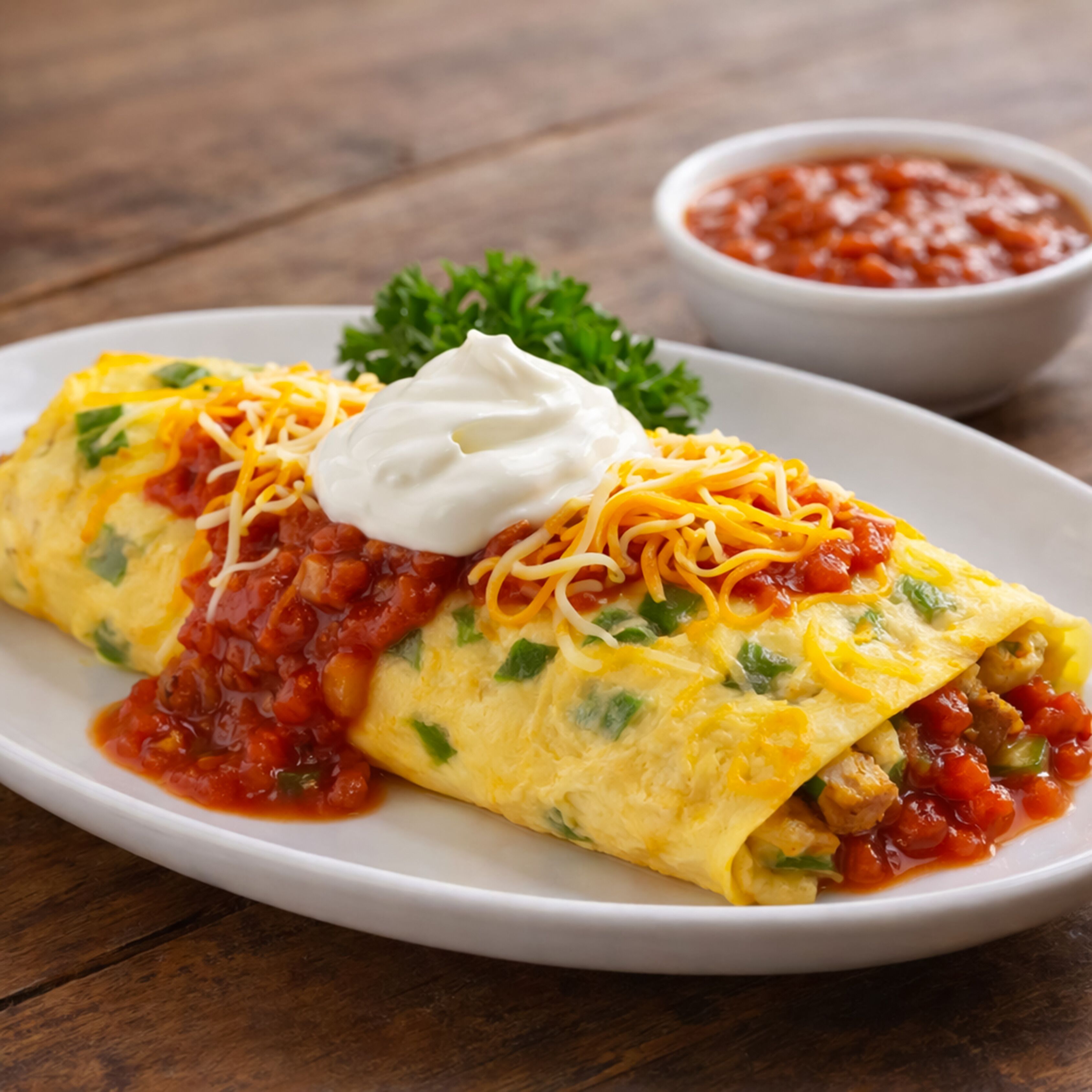 Un plato de enchiladas con queso y crema agria, adornado con perejil, sobre una mesa de madera.
