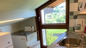 A compact kitchen with a window, a refrigerator, a stove, and a dishwasher. - Magnificent apartment overlooking the Vallée Verte (Habère-Lullin)