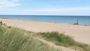 Une plage avec un ciel dégagé, une mer calme et des dunes herbeuses.