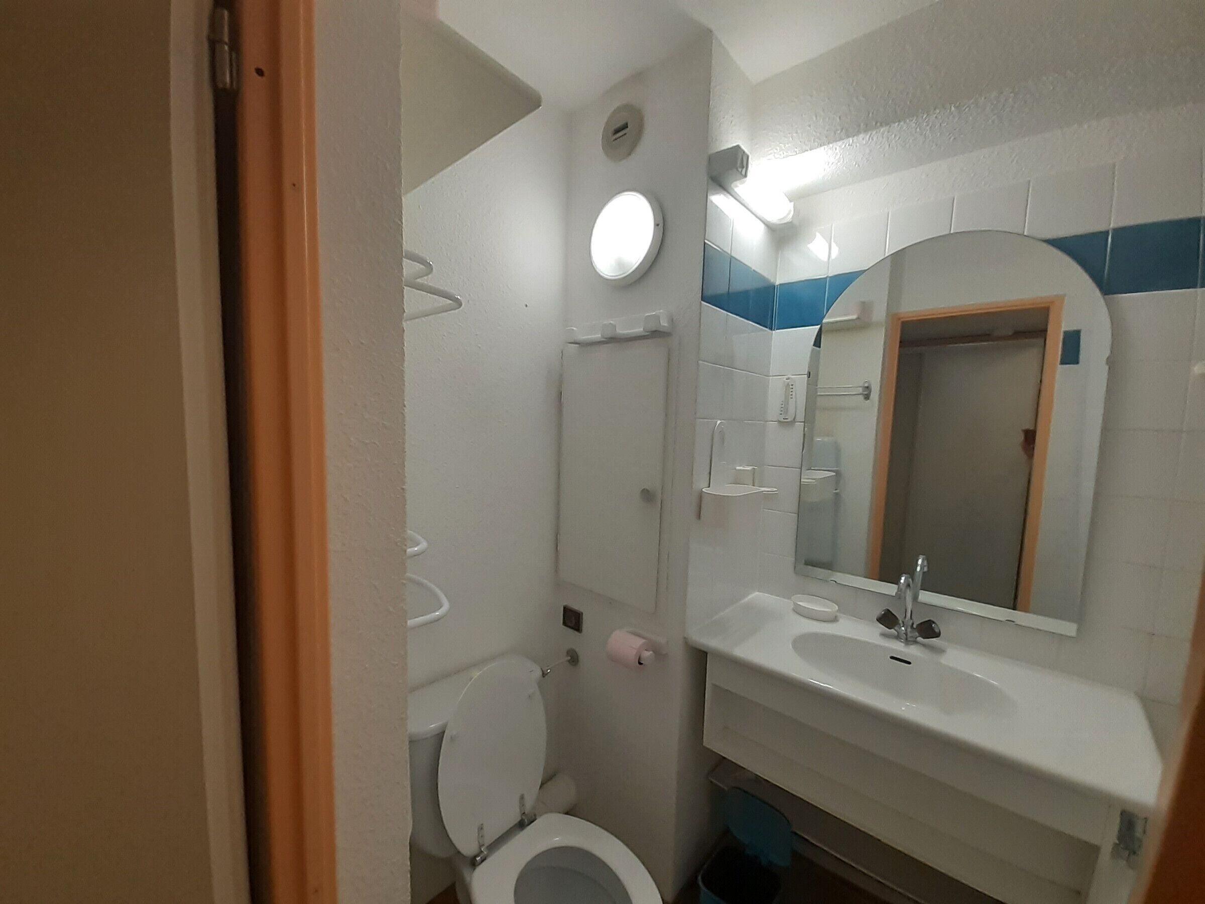 Une salle de bain comprenant des toilettes, un lavabo, un miroir et une douche.