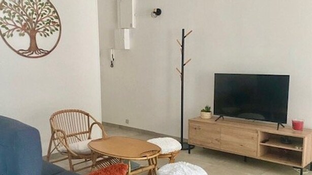 A living room with a sofa, two wicker chairs, a small round table, a television on a wooden stand, and a wall-mounted tree decoration. - très bel F3 avec balcon (Amélie-les-Bains-Palalda)