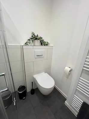 Hair dryer, towels, soap, toilet paper