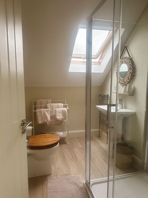 Shower, hair dryer, towels, soap