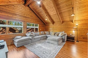 Smart TV, fireplace, DVD player, books