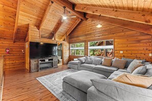 Smart TV, fireplace, DVD player, books