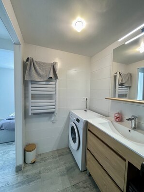 Shower, hair dryer, toilet paper