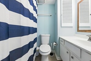 Hair dryer, towels, soap, toilet paper