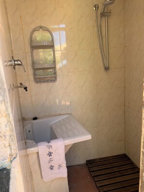 Shower, hair dryer, bidet, towels