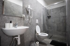 Shower, hair dryer, soap, shampoo