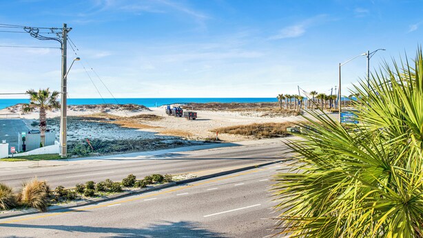 A coastal road with a clear sky, palm trees, and a beach in the background. - Kiran Terrace Quadplex by Liquid Life (Gulf Shores)
