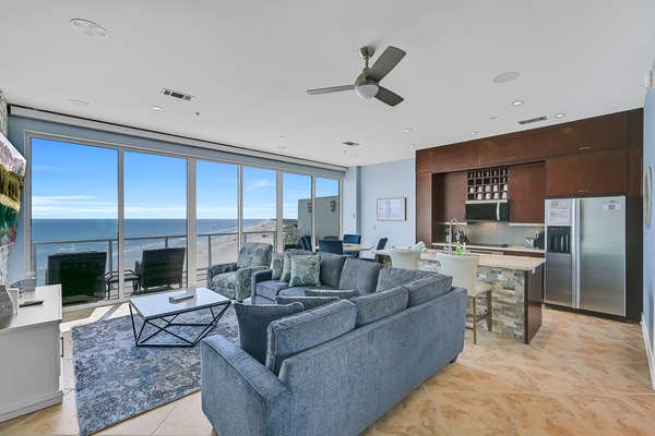 Living room, recliner, sleeper sectional, bar, smart tv, view, motorized shades