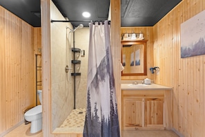 Hair dryer, towels, soap, toilet paper