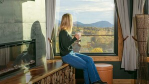 A person sitting by a window with a view of mountains, a fireplace, and a woven chair.