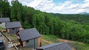 A residential area with multiple houses, each featuring a sloped roof and a mix of siding materials.