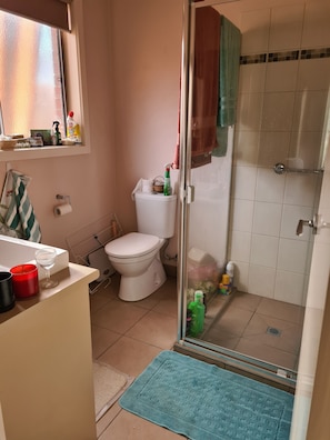 Een douche, een haardroger, handdoeken, zeep