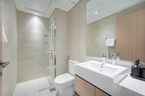 Shower, hair dryer, towels