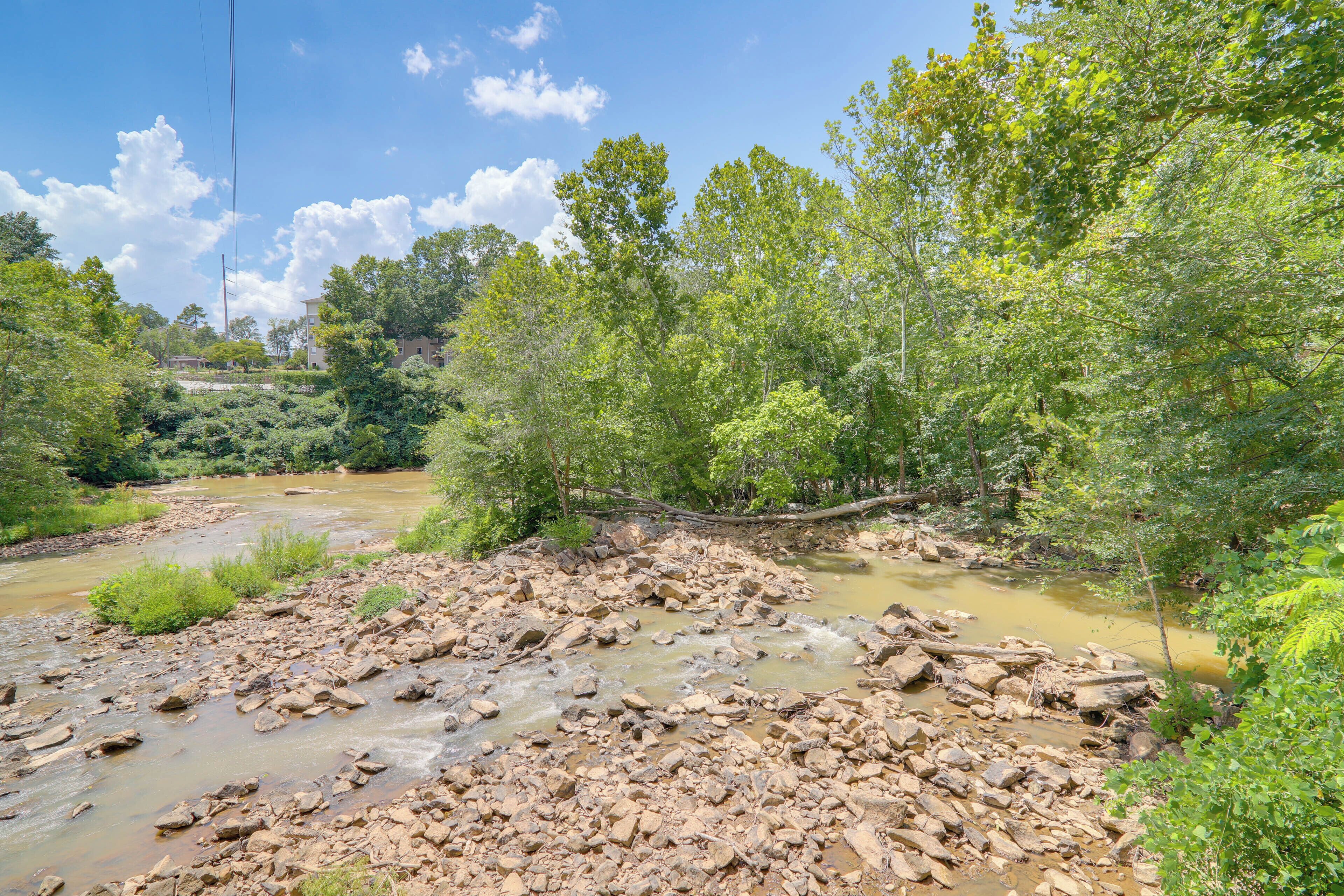 A rocky riverbed with flowing water, surrounded by lush greenery and trees.