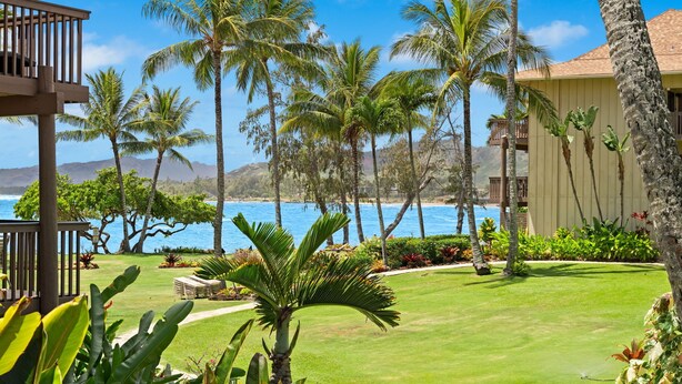 A tropical resort with a pool, palm trees, and a view of the ocean.