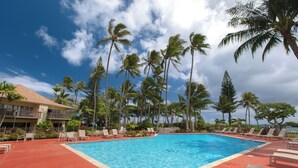 A swimming pool with lounge chairs and palm trees.