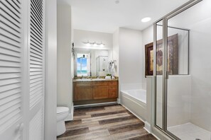 Shower, hair dryer, towels