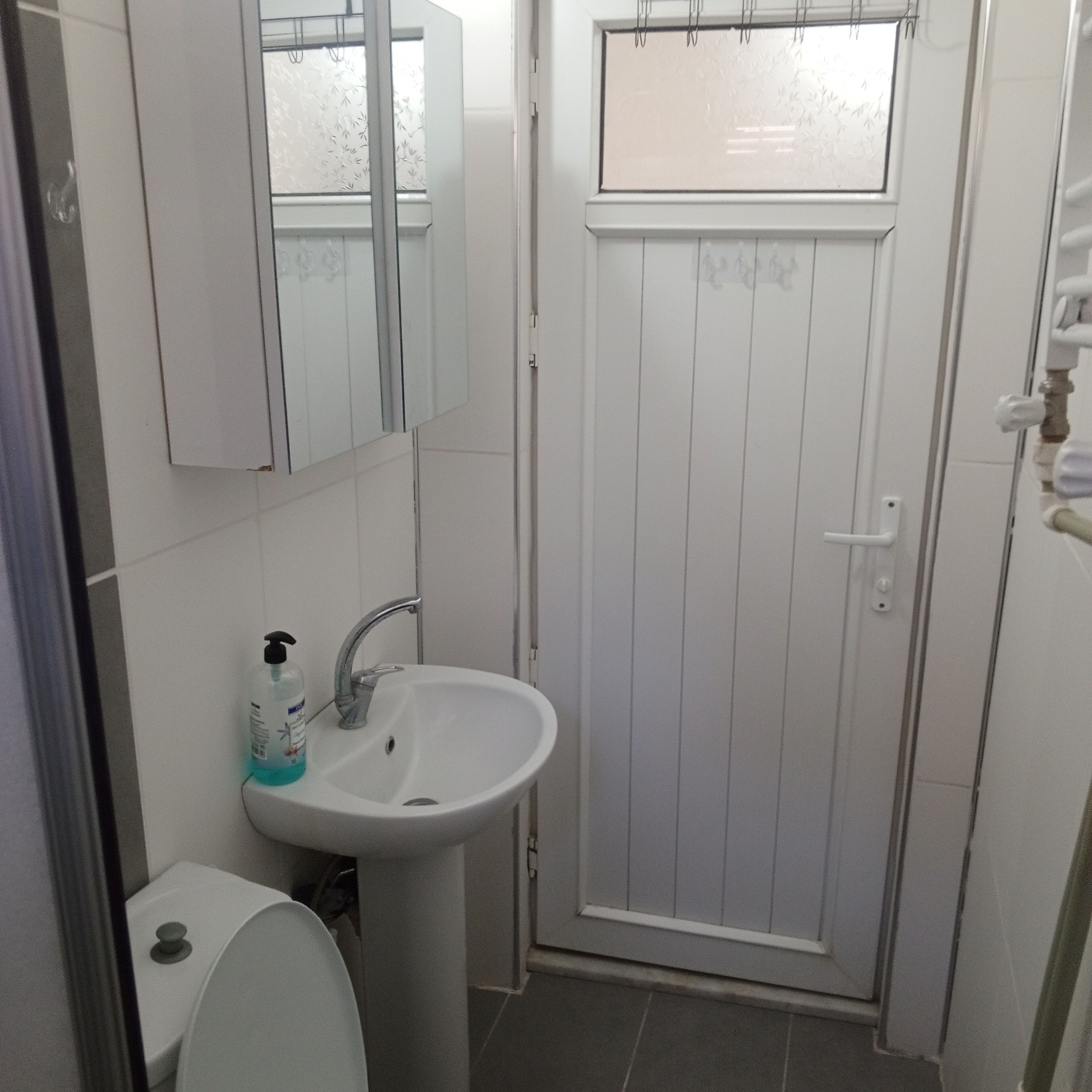Apartamento estándar | Baño | Ducha, cabezal de ducha tipo lluvia, secador de pelo y zapatillas