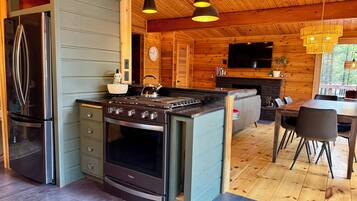 Een magnetron, een oven, een kookplaat, een vaatwasser