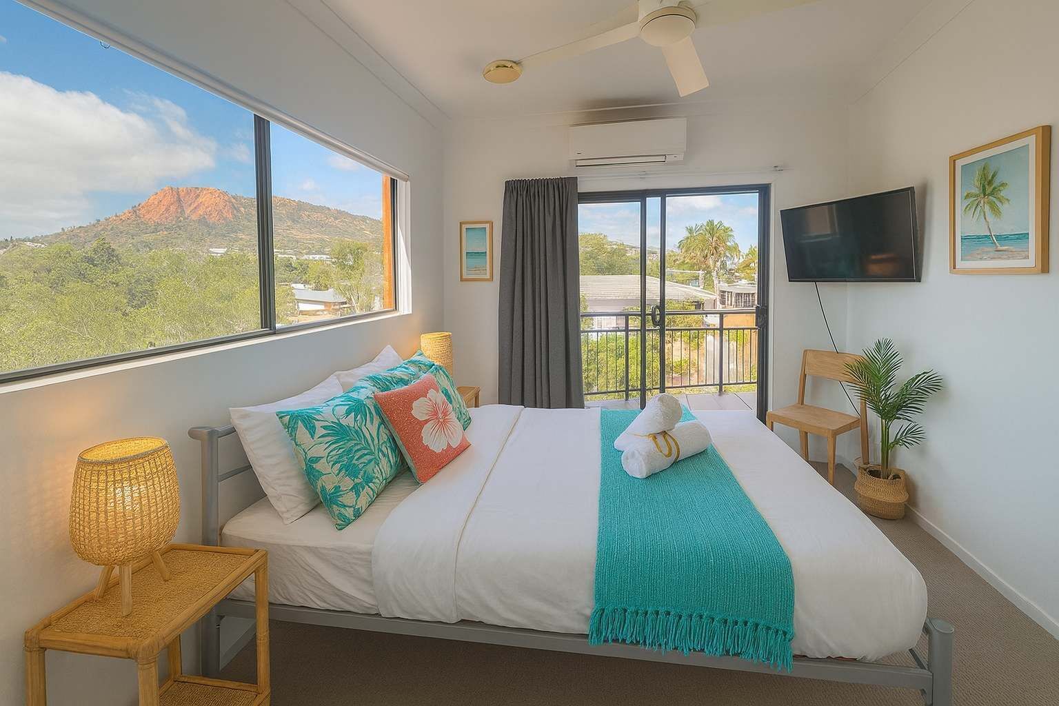Spacious master bedroom with quality linens