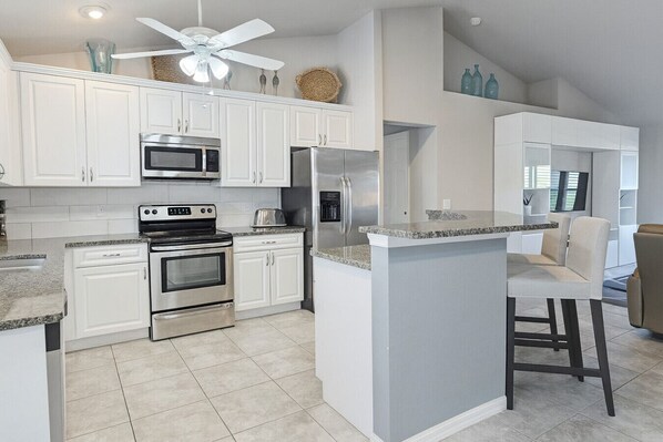 Fridge, microwave, oven, stovetop