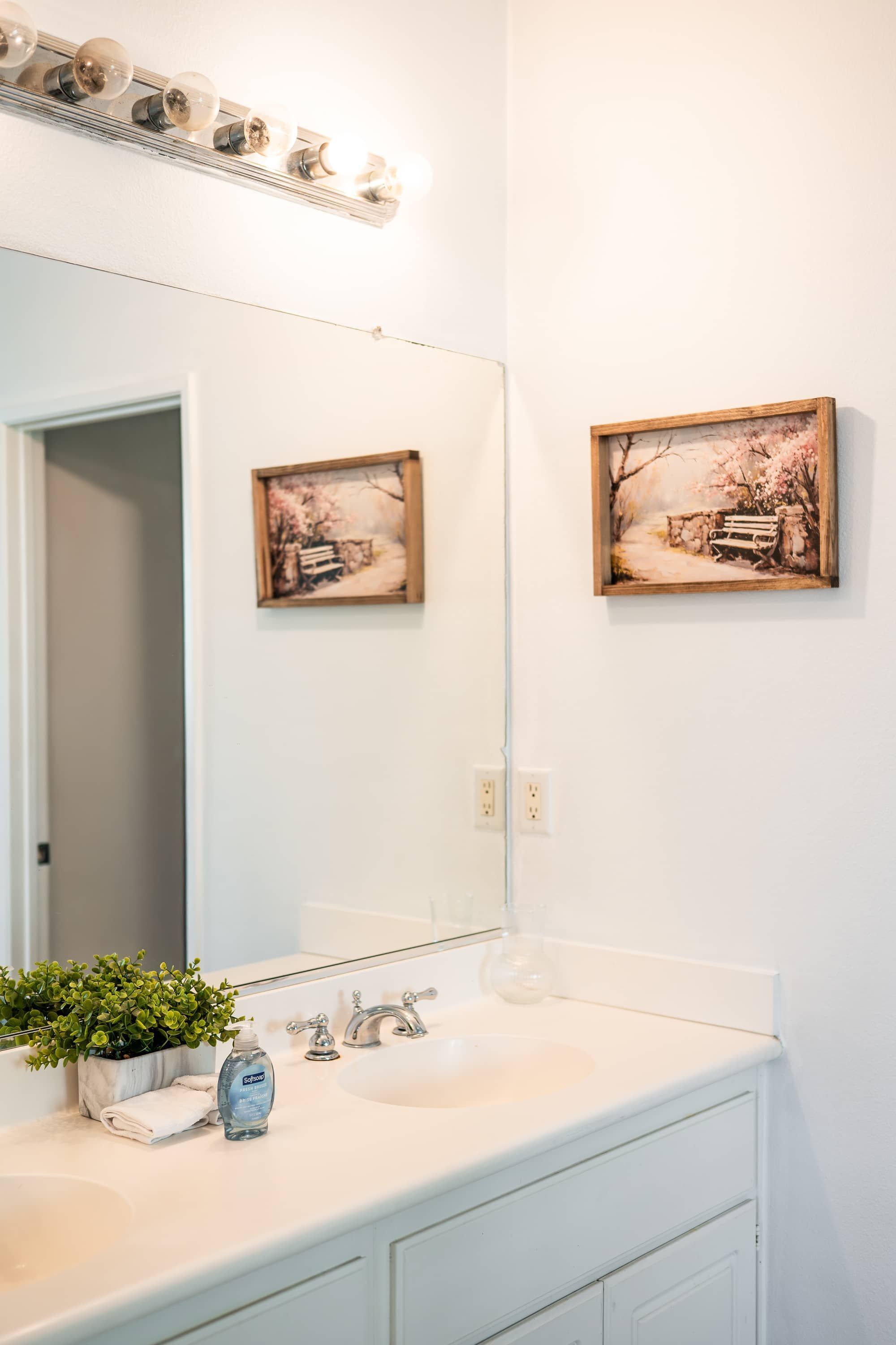 A bathroom with a white vanity, a large mirror, two framed pictures, a potted plant, and a bottle of hand soap.