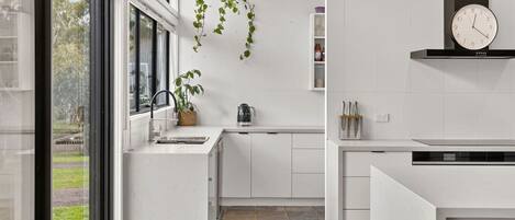 Fridge, microwave, oven, cookware/dishes/utensils