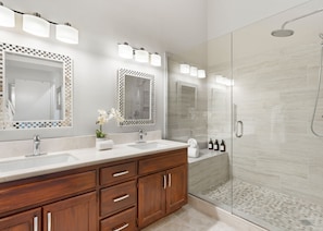 Shower, hair dryer, towels, shampoo