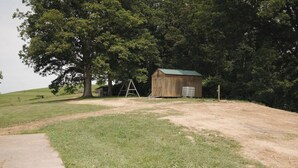 Cenário rural com um caminho de terra que leva a um galpão de madeira, uma árvore grande e um balanço.