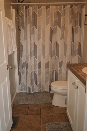 Hair dryer, towels, toilet paper