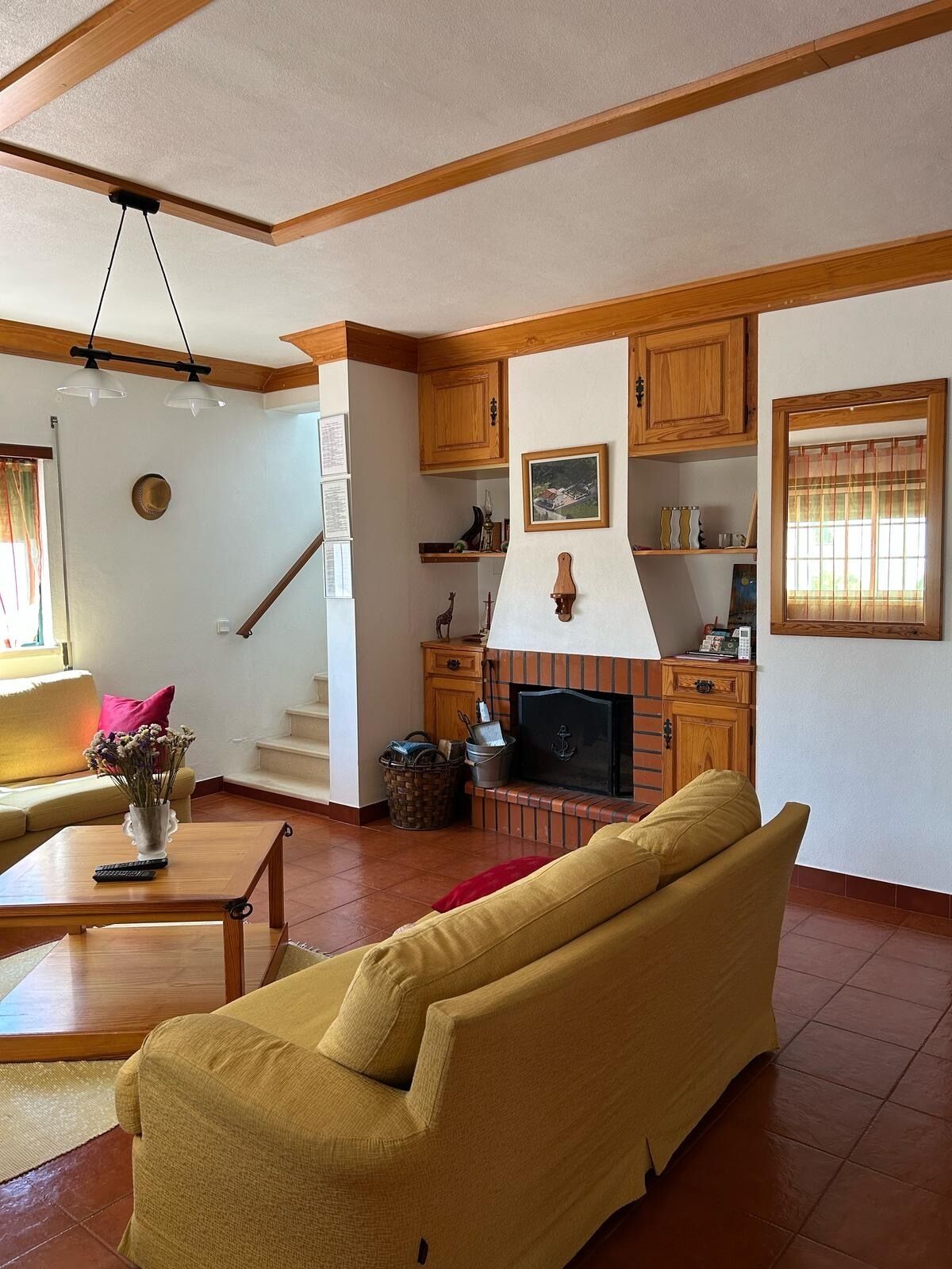 TV, fireplace, books