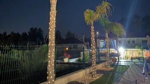 A pathway lined with palm trees adorned with string lights, leading to a building with a visible entrance.