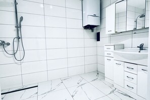 Shower, hair dryer, towels, soap