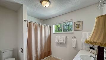 Hair dryer, towels, soap, toilet paper