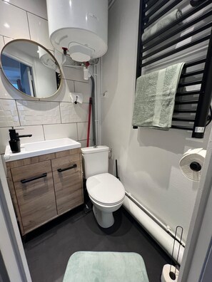 Hair dryer, towels, soap, toilet paper